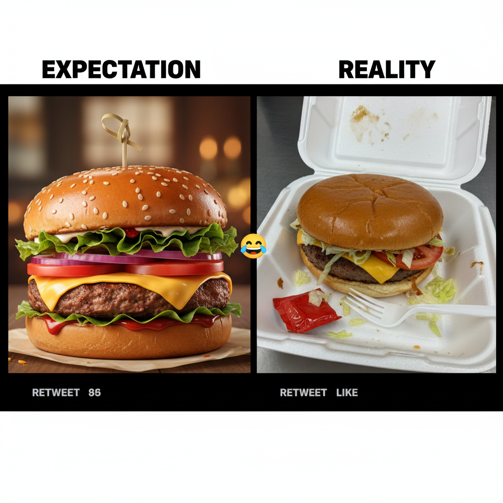 Ordered a gourmet burger, got a sad patty. My expectations vs reality is a tragedy.