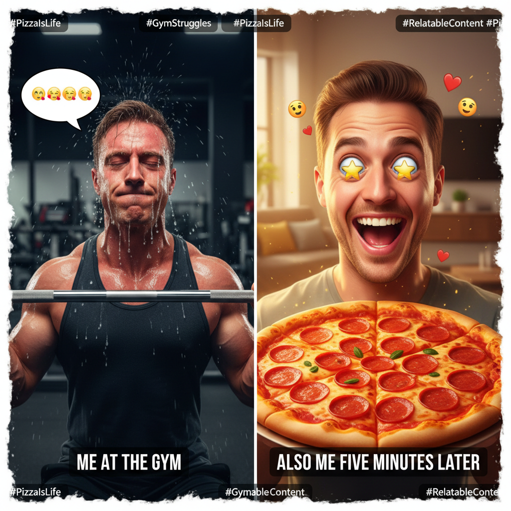 Me at the gym vs. me seeing the pizza place after the gym.