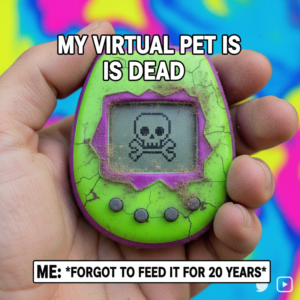 Finding my old Tamagotchi in a box. The trauma of neglecting it is flooding back. #90sKids