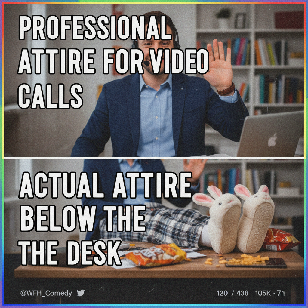 My WFH uniform is 50% professional top, 50% pajama bottoms. The duality of man.