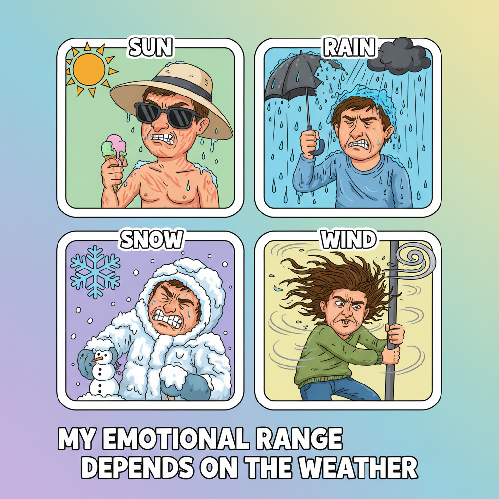 It's 70° and sunny but somehow still too hot/cold/humid/dry. The weather is a personal attack.