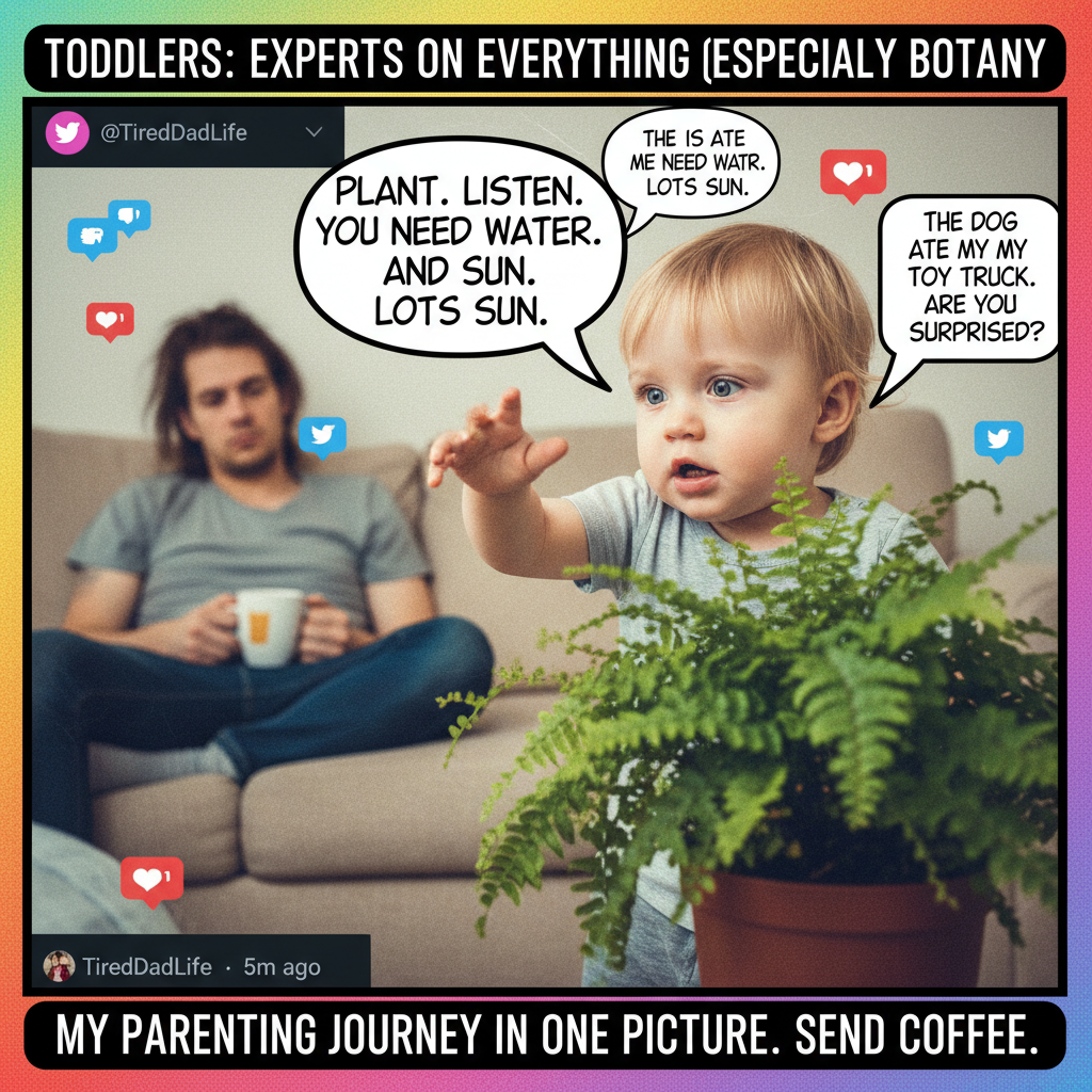 My toddler just explained the plot of Paw Patrol to a houseplant for 20 minutes. I'm fine.