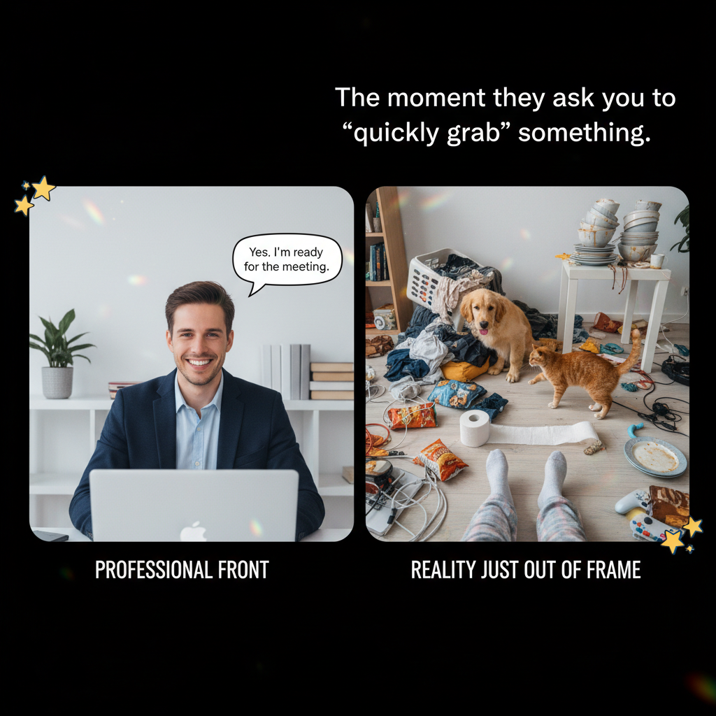 My 'professional' Zoom background vs. the absolute chaos happening 2 feet away.