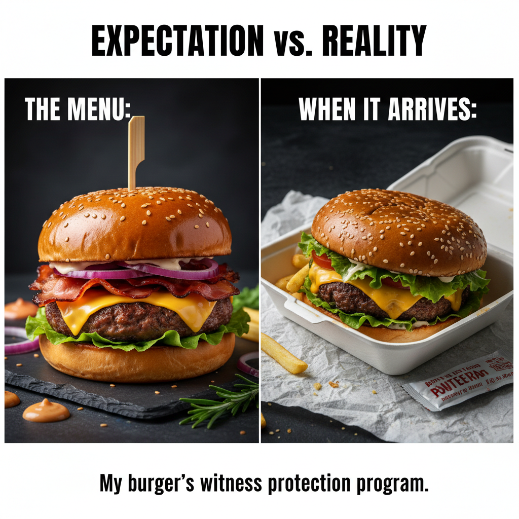 Ordered a gourmet burger, got a sad patty that looks like it lost a fight.