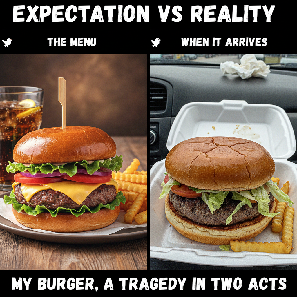 Ordered a gourmet burger, got a sad patty. My disappointment is immeasurable.