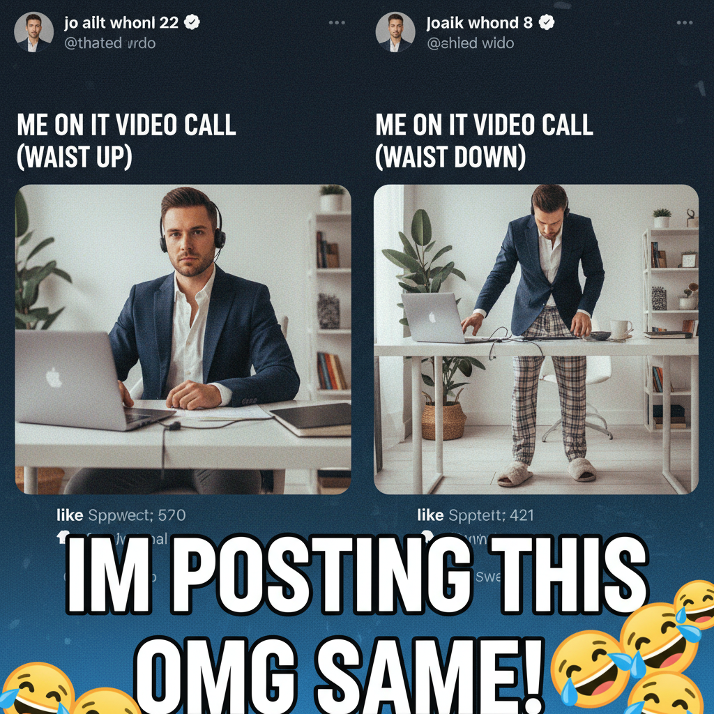 My WFH uniform: business on top, pajama party on the bottom. The ultimate disguise.