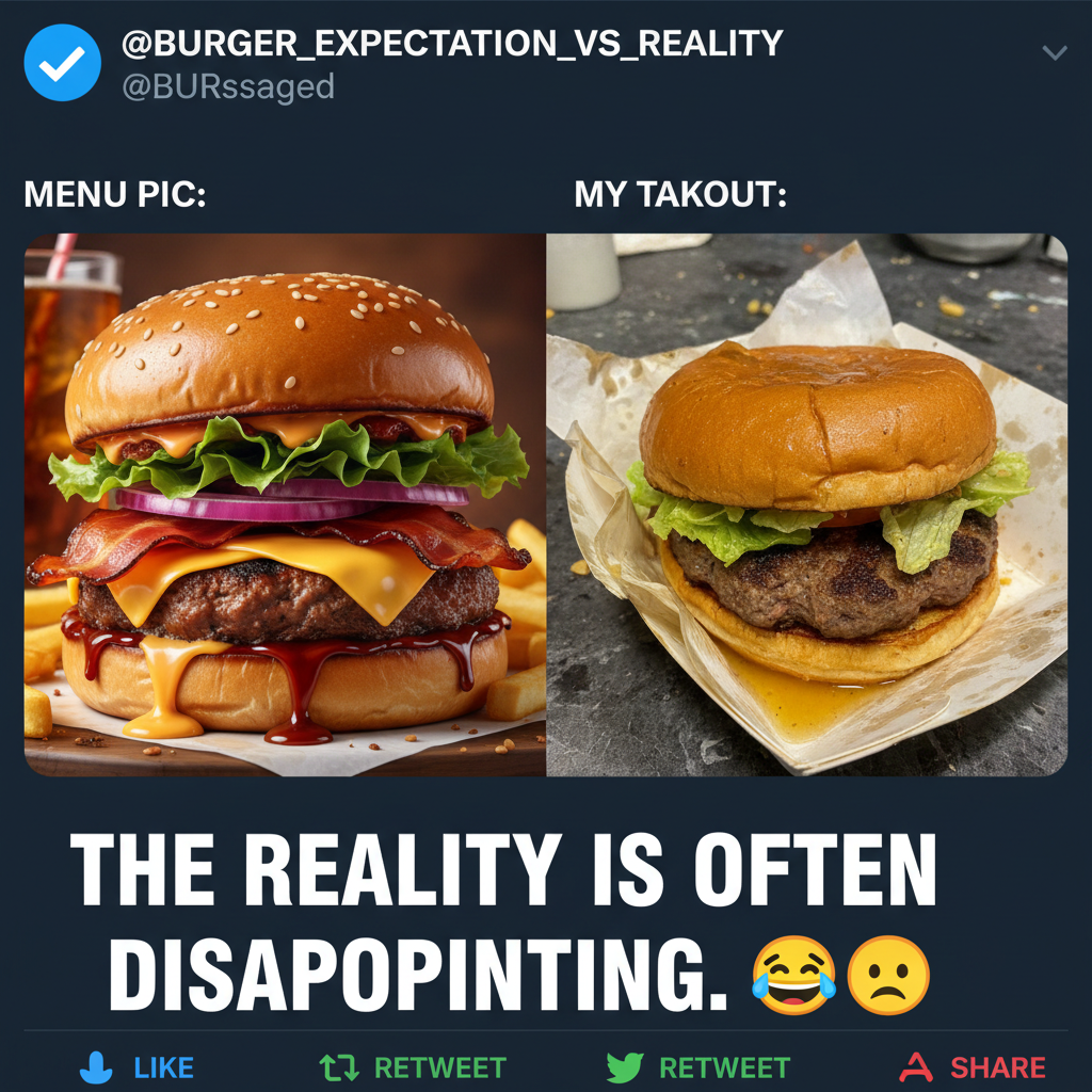 Ordered a gourmet burger, got a sad patty. Food delivery expectations vs. reality.