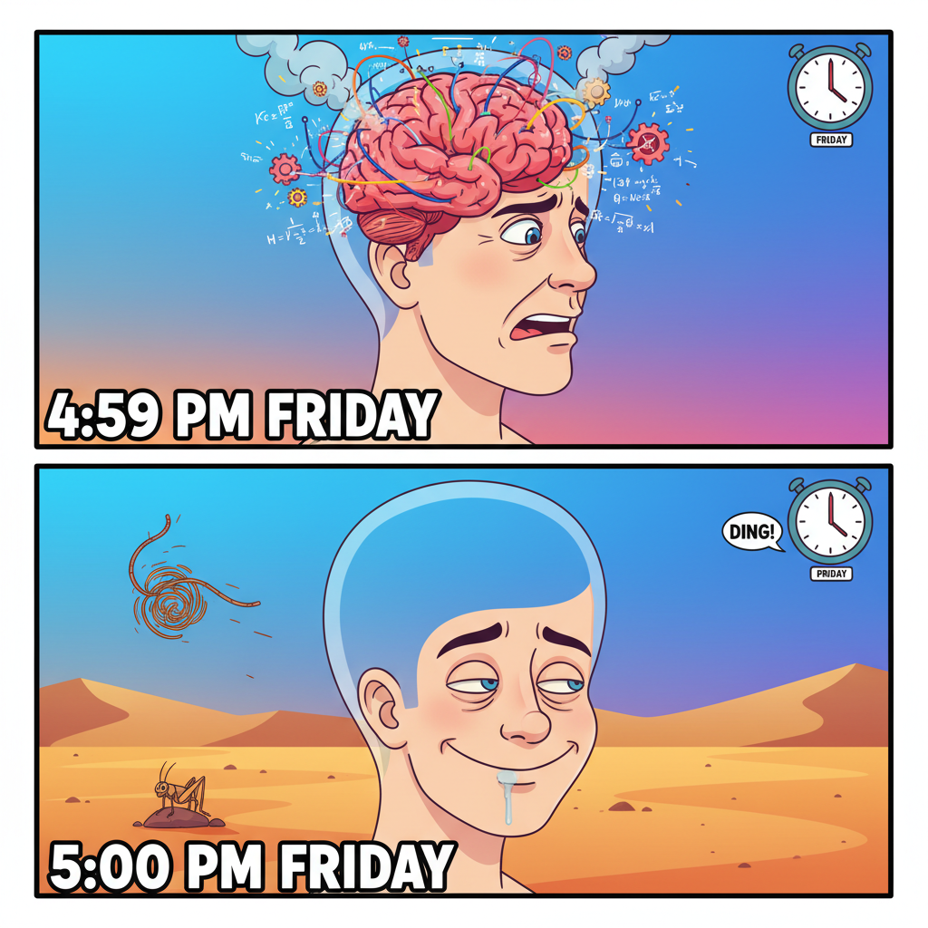 My brain at 4:59 PM on a Friday vs. 5:00 PM