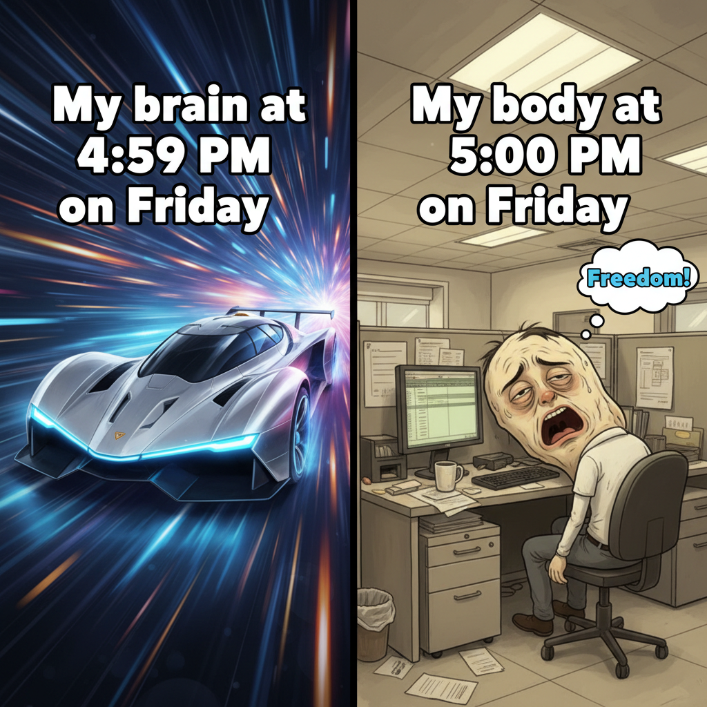 My brain clocking out at 4:59 PM vs. my body still stuck in the office