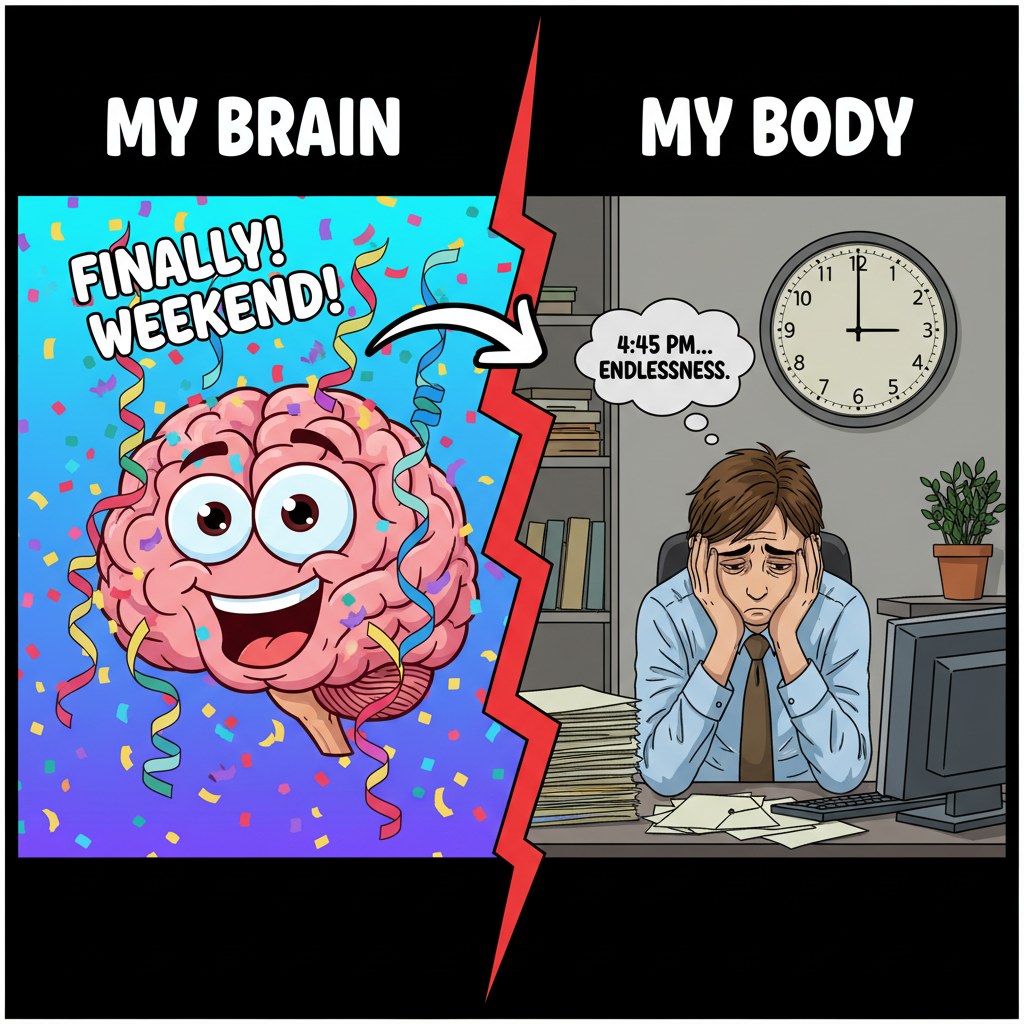 My brain clocking out at 3 PM vs. my body still stuck in meetings until 5