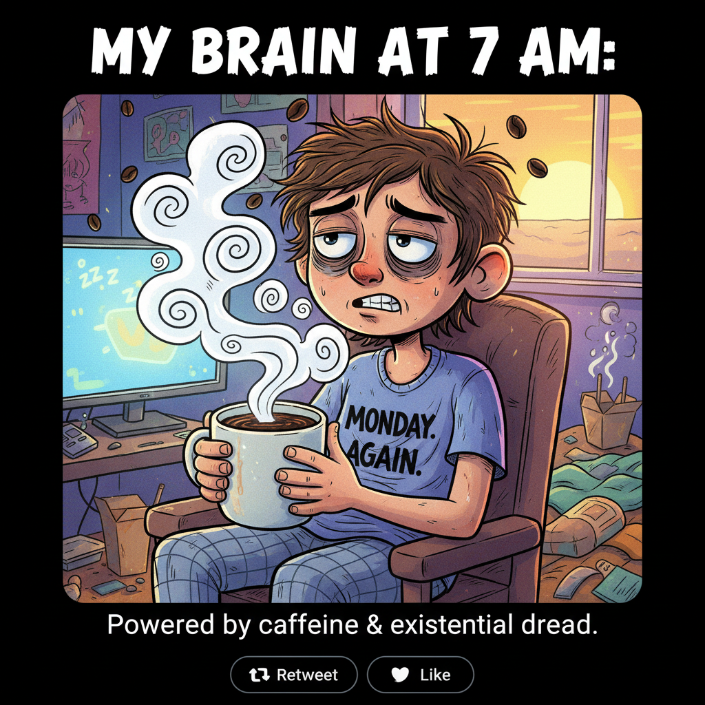 My Monday morning mood is sponsored by 3 hours of sleep and 5 cups of coffee.