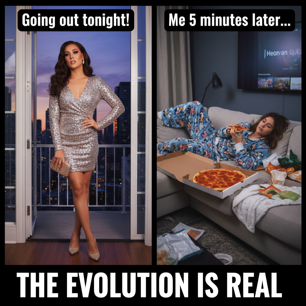 Friday night plans: ✨💅🥂. Friday night reality: 😴📺🍕.