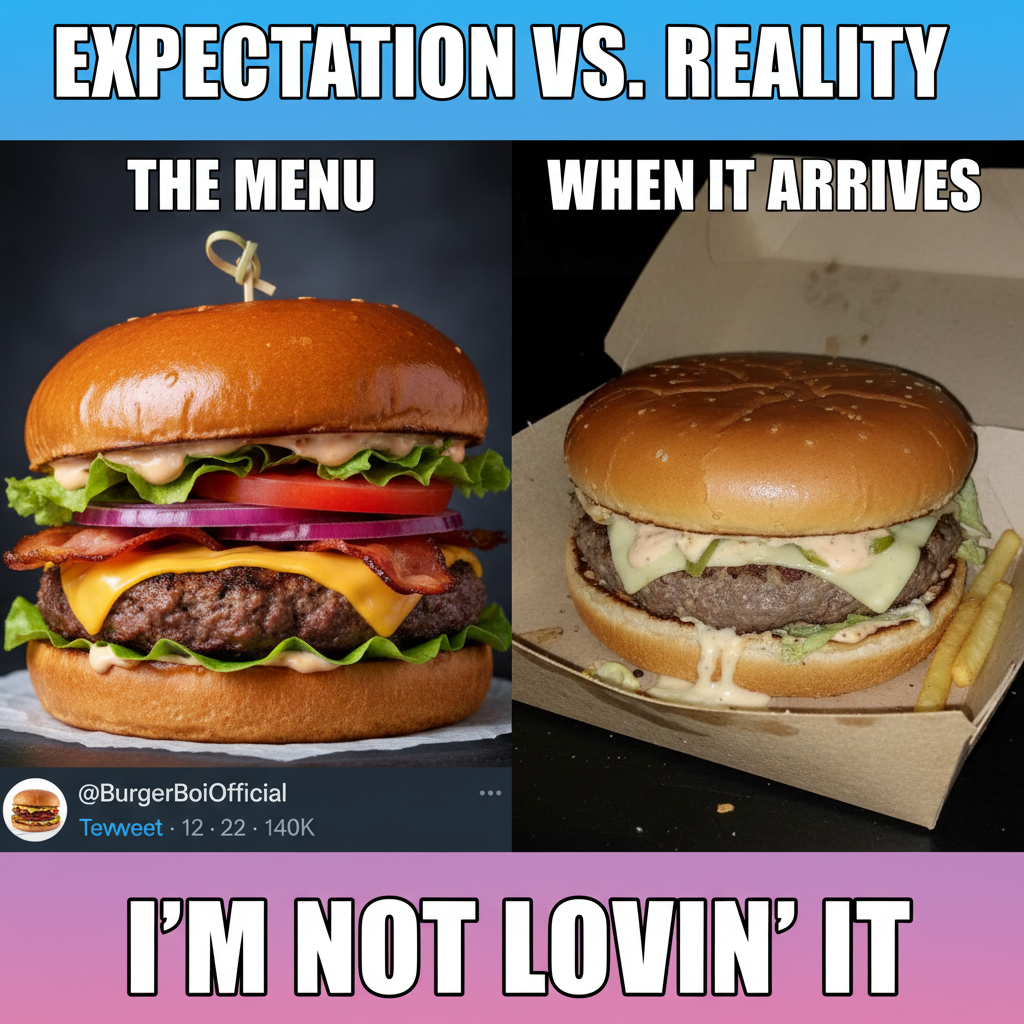 Ordered a gourmet burger, got a sad patty. Food delivery expectations vs reality is a brutal sport.