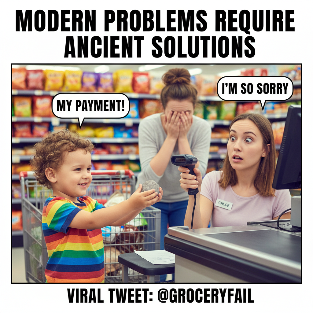 My toddler just tried to pay for groceries with a rock. Send help. And coffee.