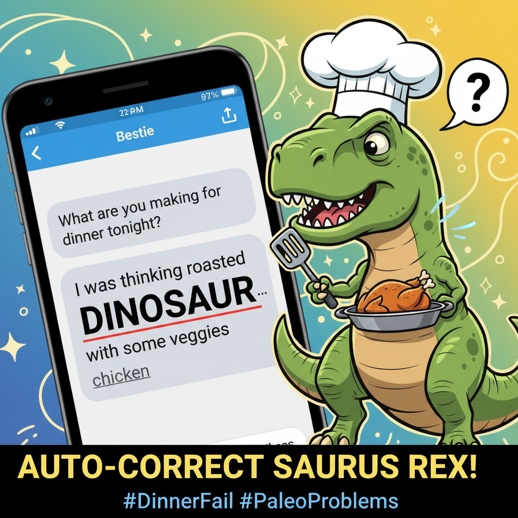 My phone autocorrected 'dinner' to 'dinosaur.' Guess we're having prehistoric food tonight.
