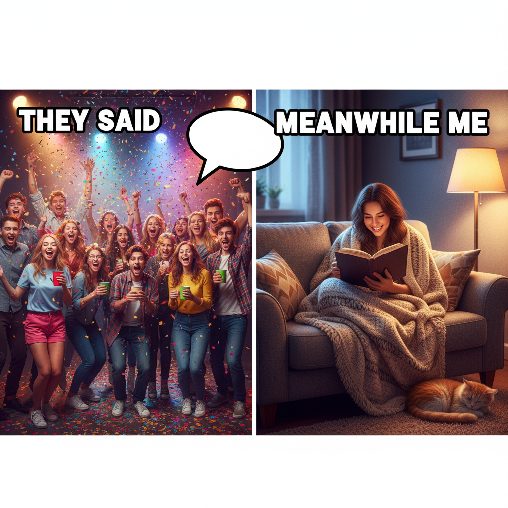 Extrovert: 'Let's go out!' Introvert: 'My couch has plans for me.'