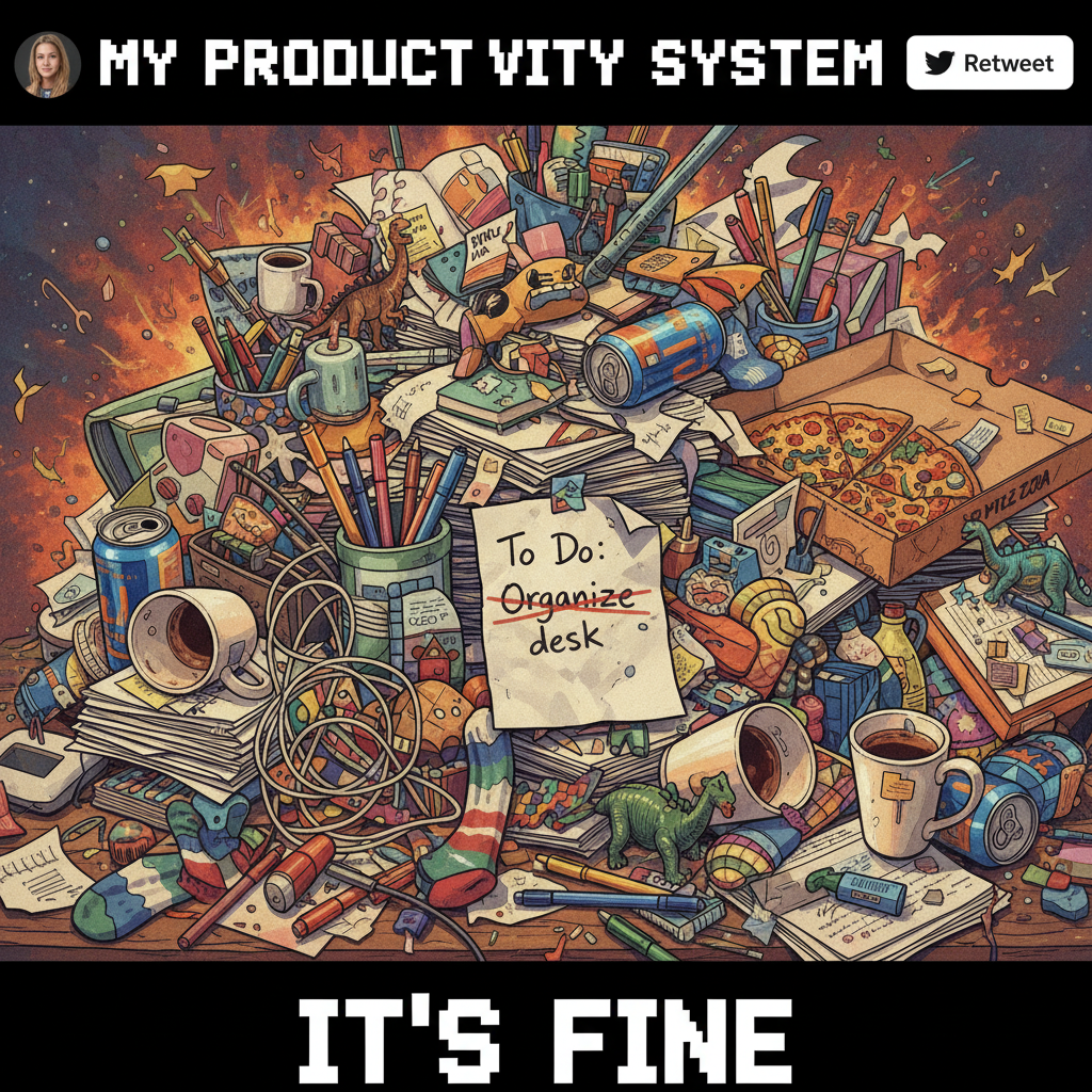 My New Year's resolution was to be more organized. My desk currently looks like a tornado hit a paper factory.