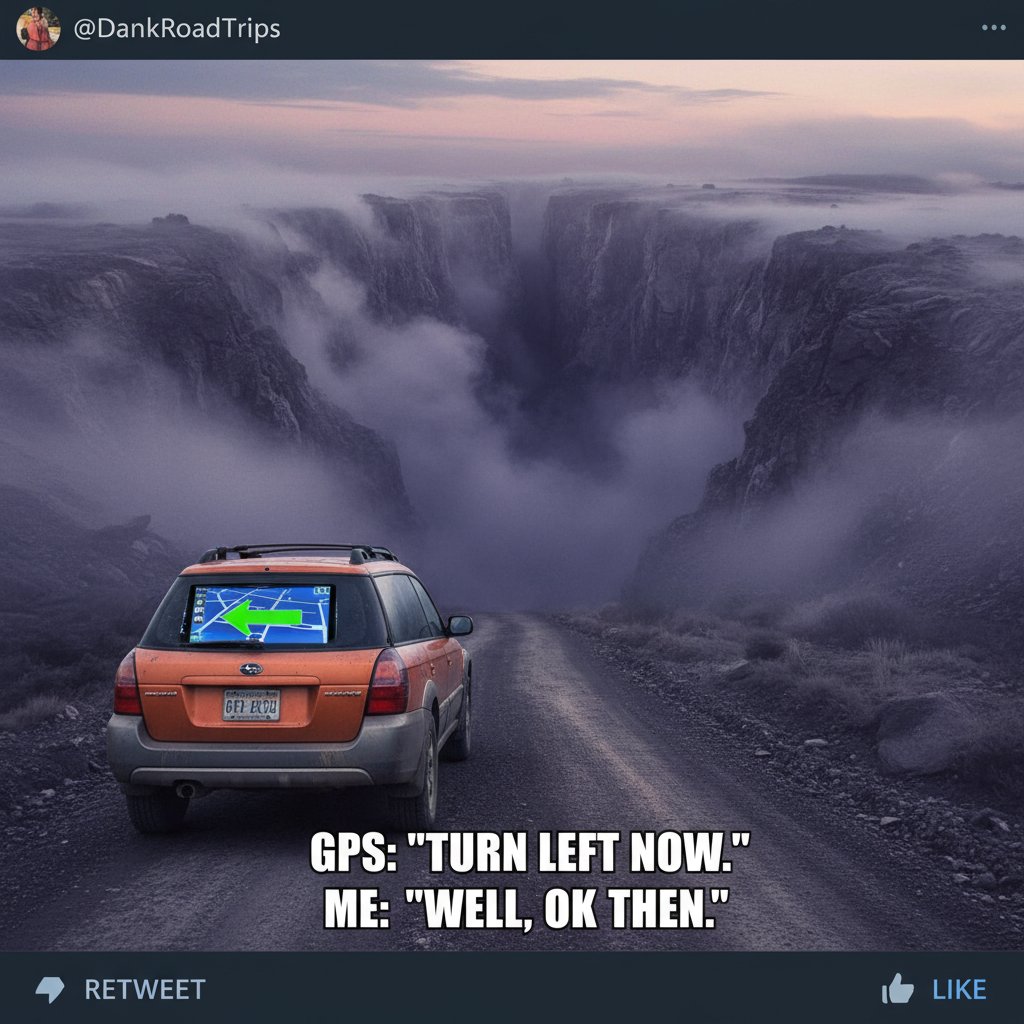 Road trip rule #1: Never trust the GPS that says 'turn left into the abyss.'