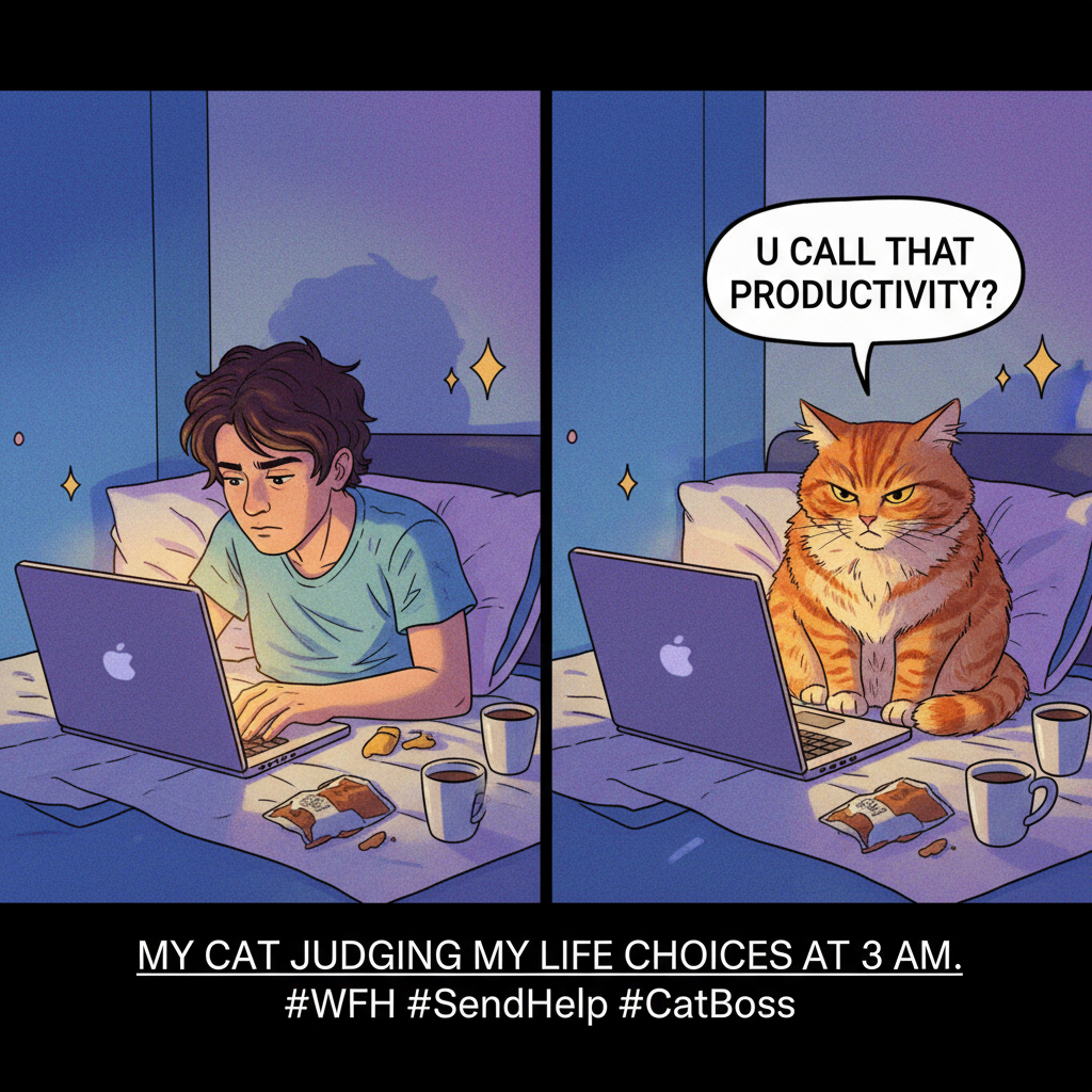 My 'office' is my bed. My 'coworker' is my cat judging my screen time. #WFHlife