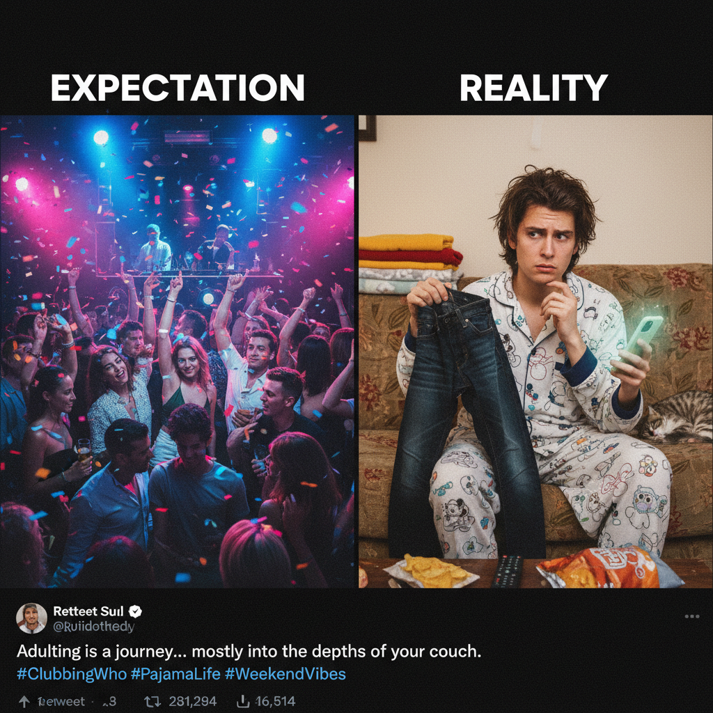 Friday night plans: Clubbing. Friday night reality: Debating if I should put on real pants.