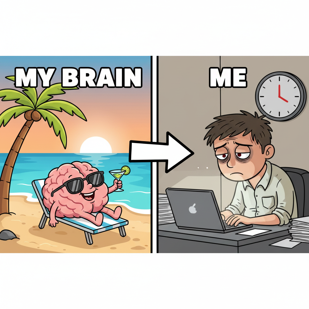My brain clocking out at 3 PM vs. my body still stuck in meetings until 5.