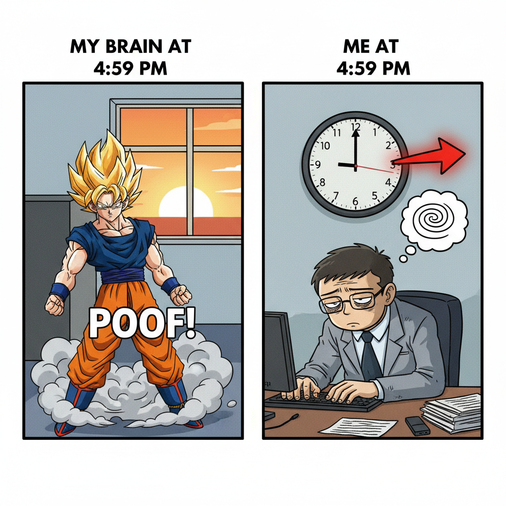 My brain clocking out at 4:59 PM vs. my body still stuck at work