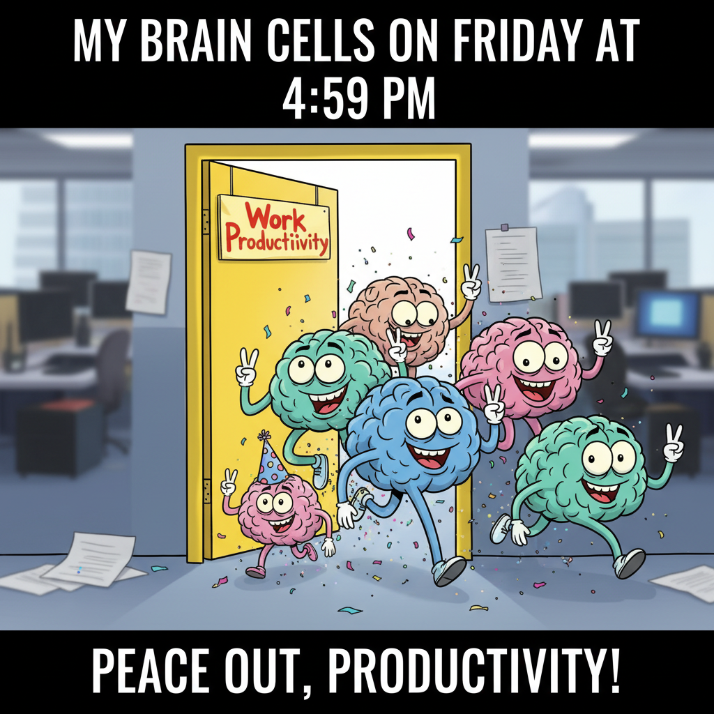 My brain cells clocking out at 4:59 PM on a Friday like...