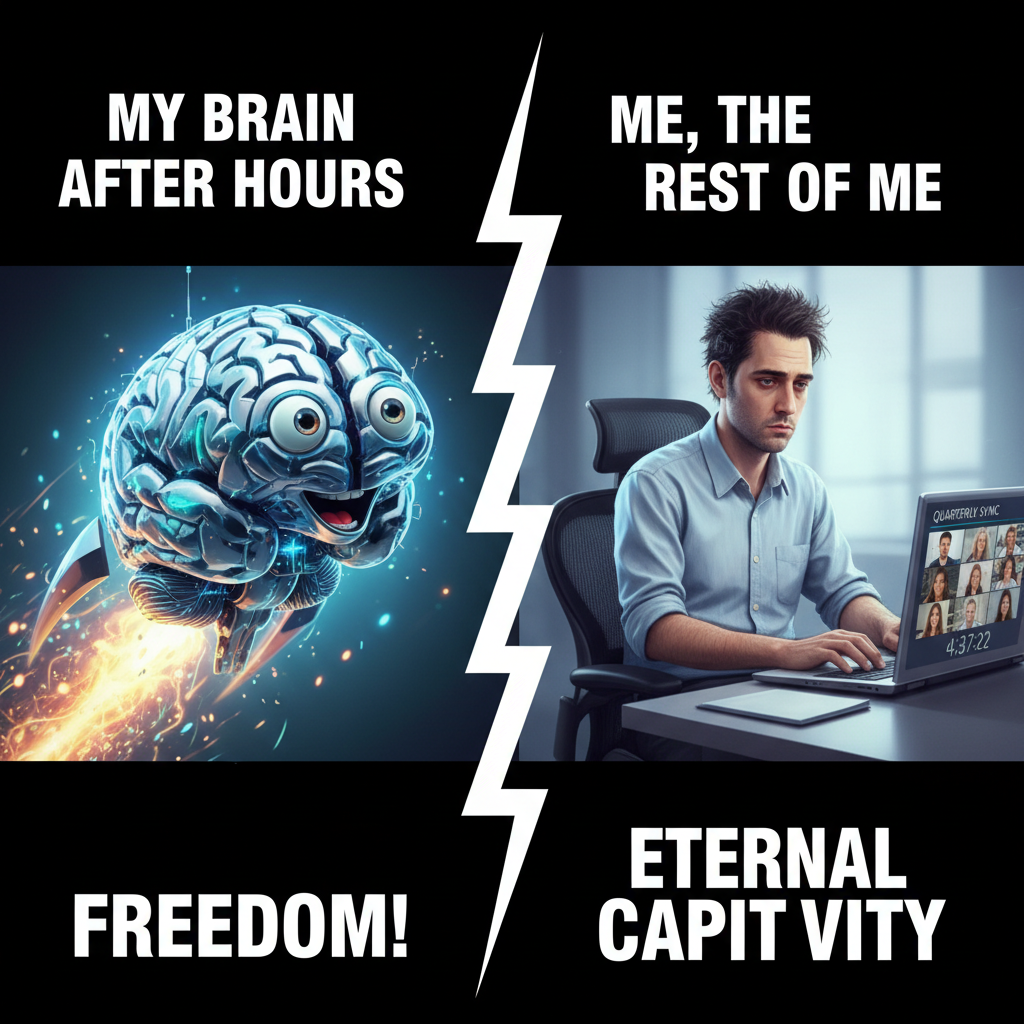 My brain clocking out at 3 PM vs. my body still stuck in meetings