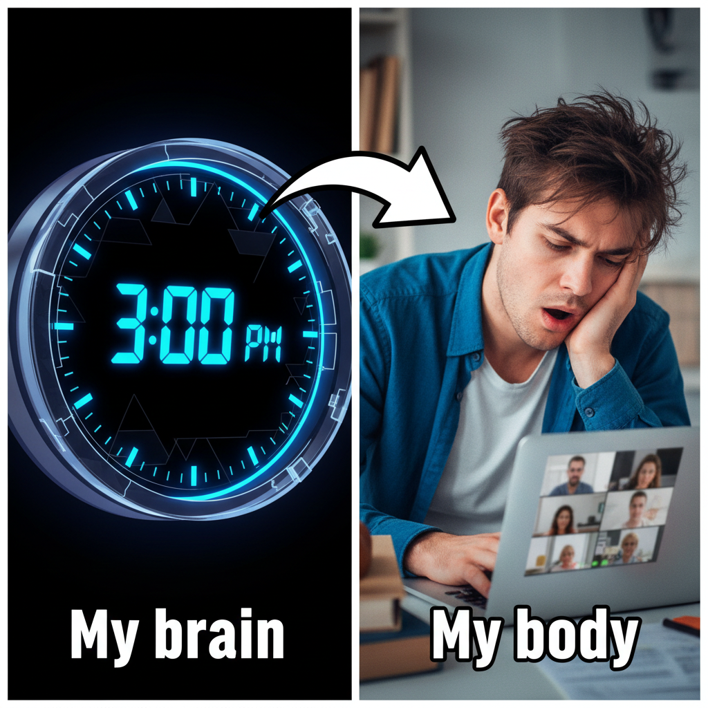 My brain clocking out at 3 PM vs. my body still stuck in meetings