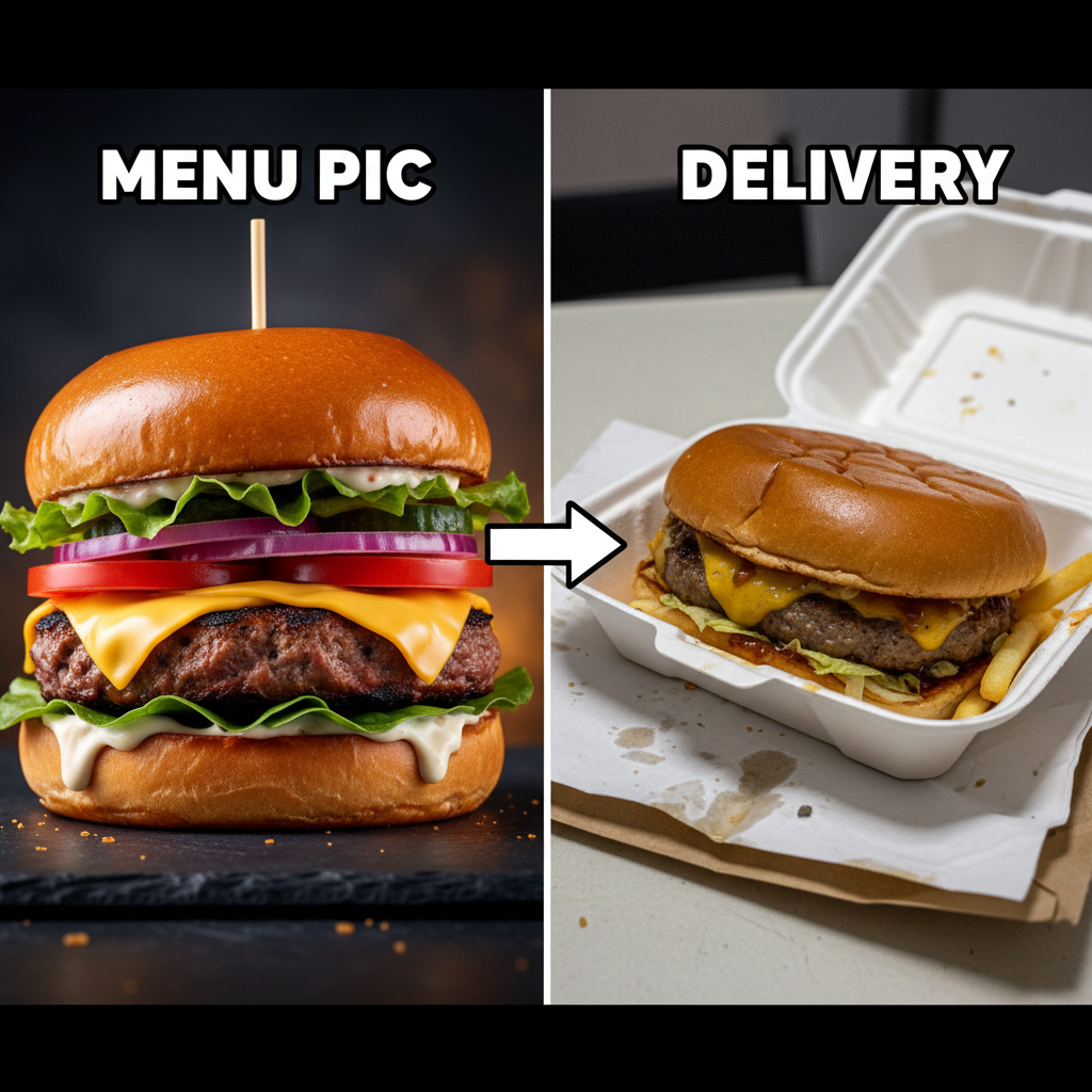 Ordered a gourmet burger, got a sad patty that looks like it lost a fight. Food delivery, you wound me!