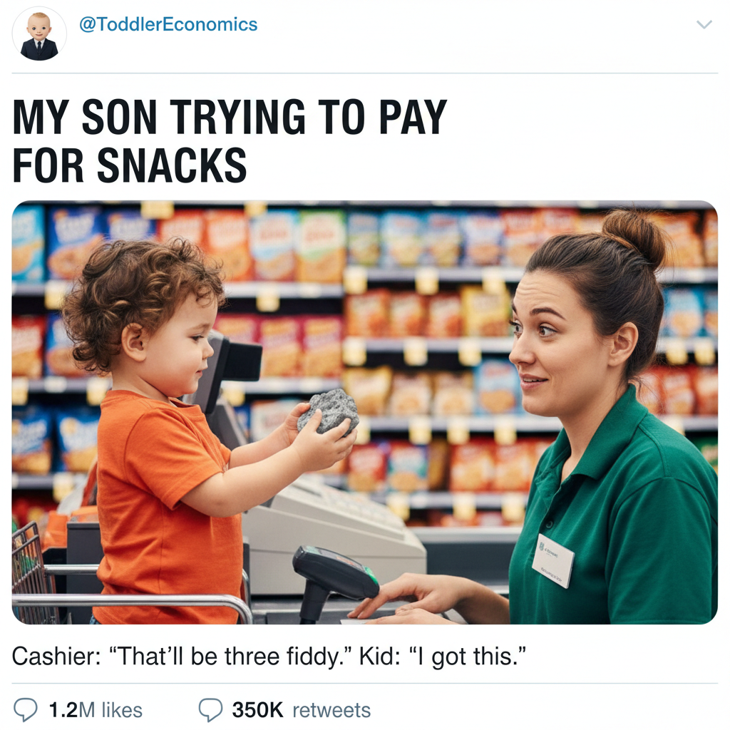 My toddler just tried to pay for groceries with a rock. I'm not sure if I should be proud or concerned.
