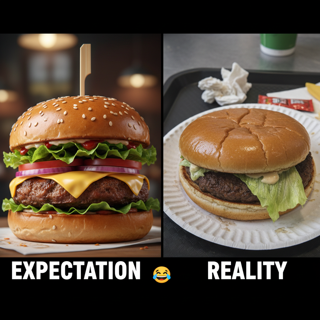 Ordered a gourmet burger, got a sad patty on a soggy bun. My disappointment is immeasurable.