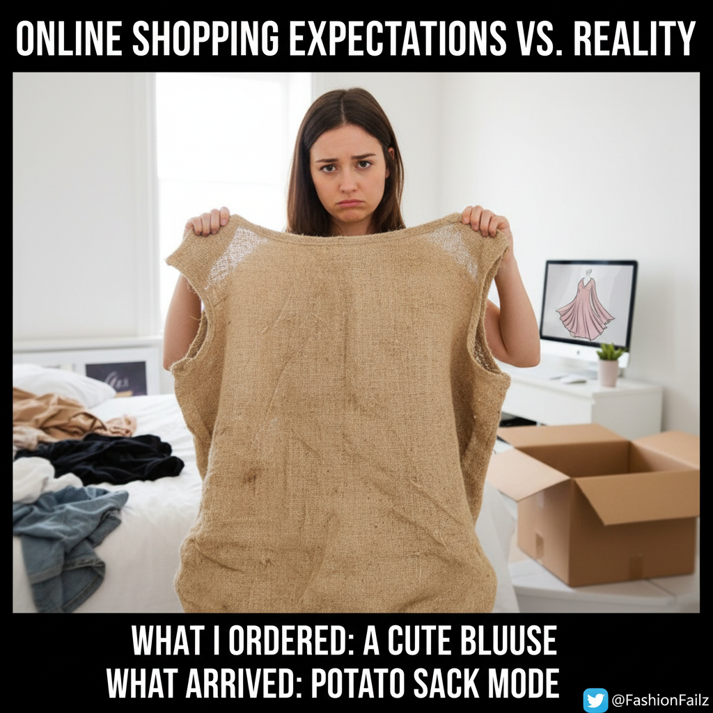 Thought I bought a cute top online. It arrived. It's a potato sack. My bank account is crying.