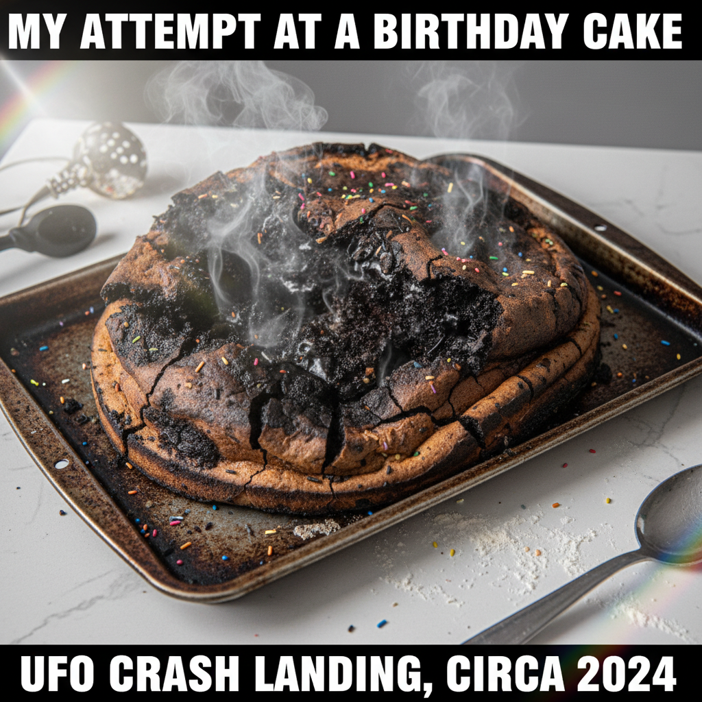 Attempted to bake a cake. It looks like a deflated alien spaceship. Send help (and pizza).