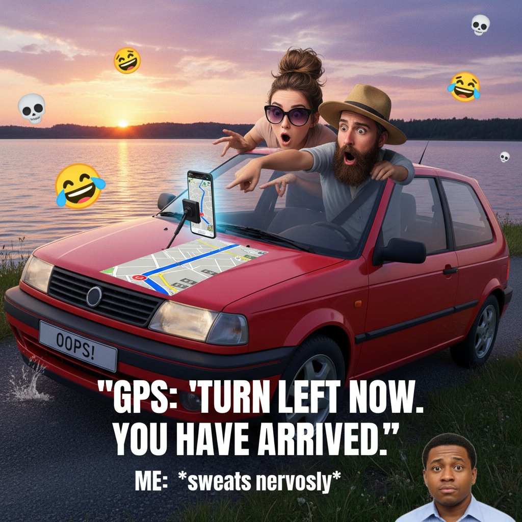 GPS told us to turn left into a lake. We almost did it. Send coffee and better navigation.