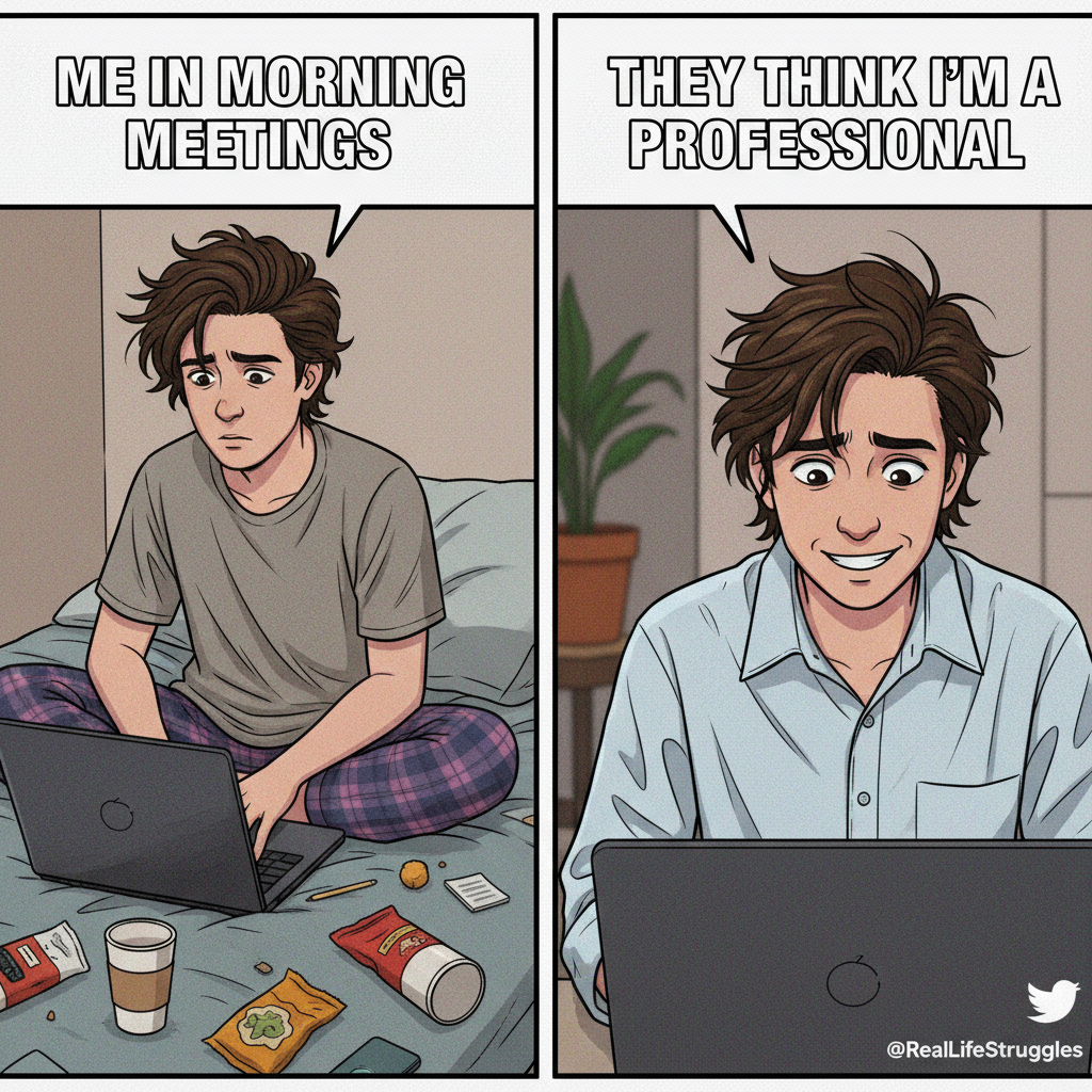 My WFH uniform is 50% comfy PJs, 50% 'I might have to turn my camera on' top. The struggle is real.