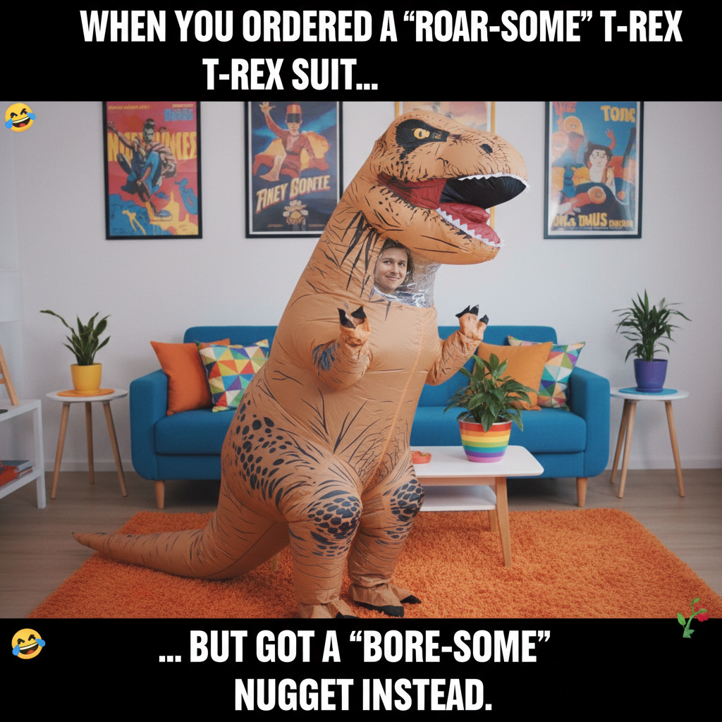 Me: 'I need to save money.' Also me: *buys a 3-foot inflatable T-Rex costume at 2 AM* No regrets... yet.
