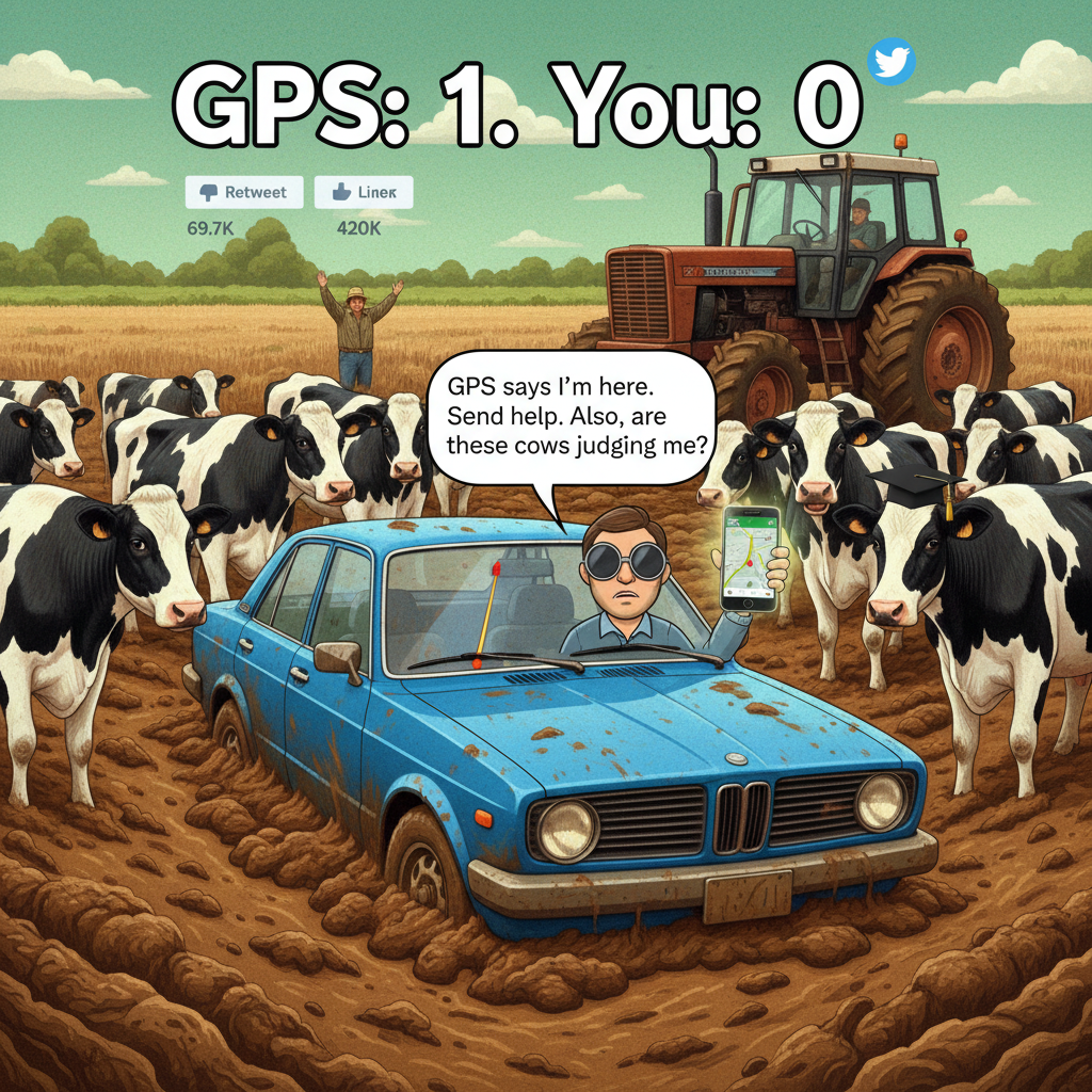 GPS said 'turn left in 500ft.' I'm now in a farmer's field. Send snacks.