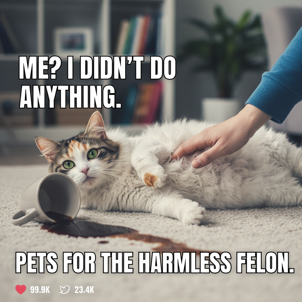 My cat just knocked my coffee over, then demanded belly rubs. Can't even be mad.