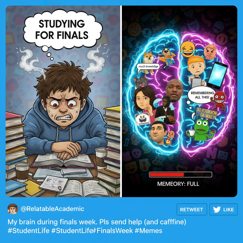 Me trying to study for exams vs. my brain trying to remember every meme I've ever seen.
