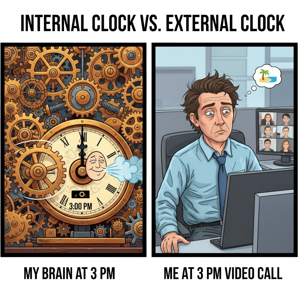 My brain clocking out at 3 PM vs. my body still stuck in meetings until 5.