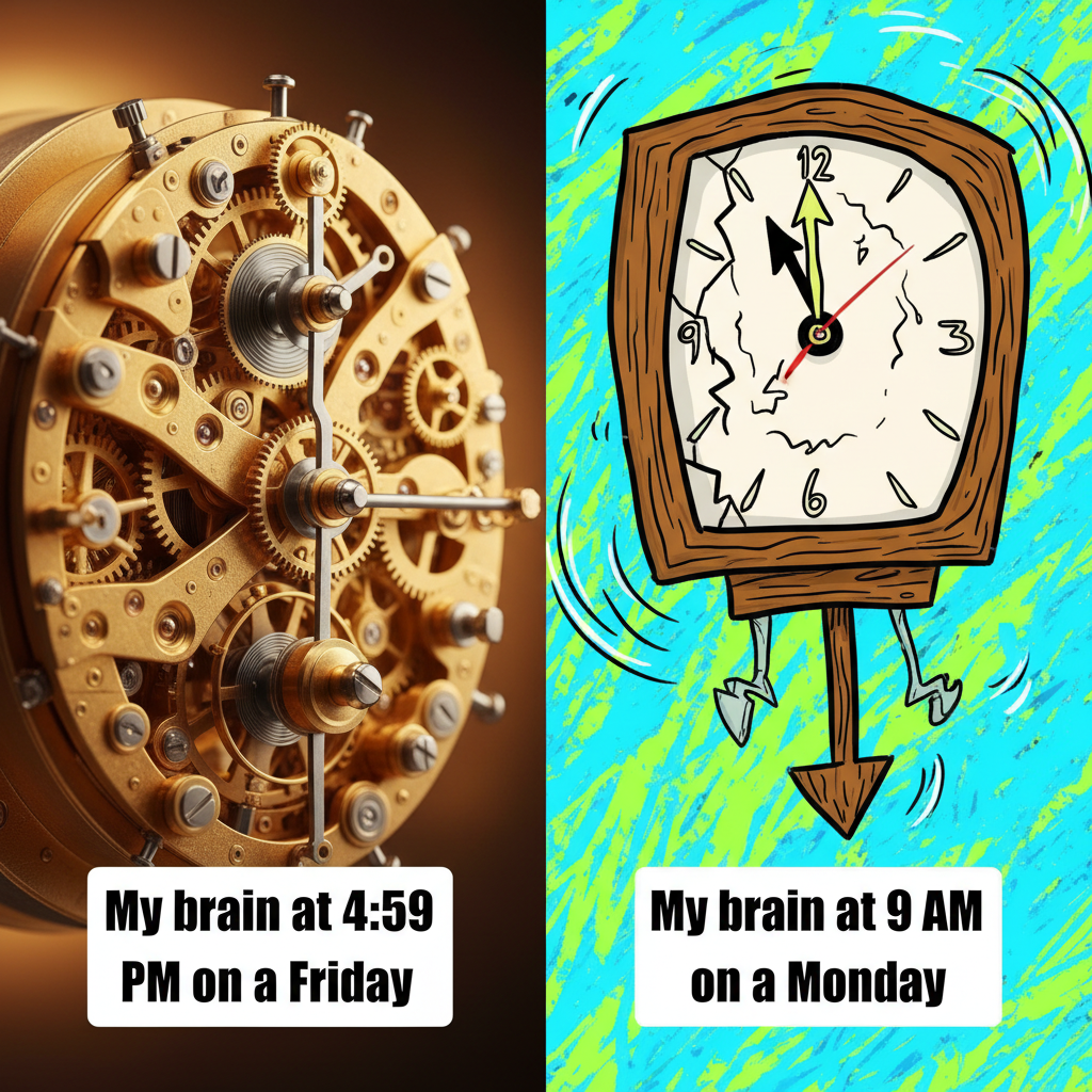My brain clock at 4:59 PM on a Friday vs. 9 AM on a Monday
