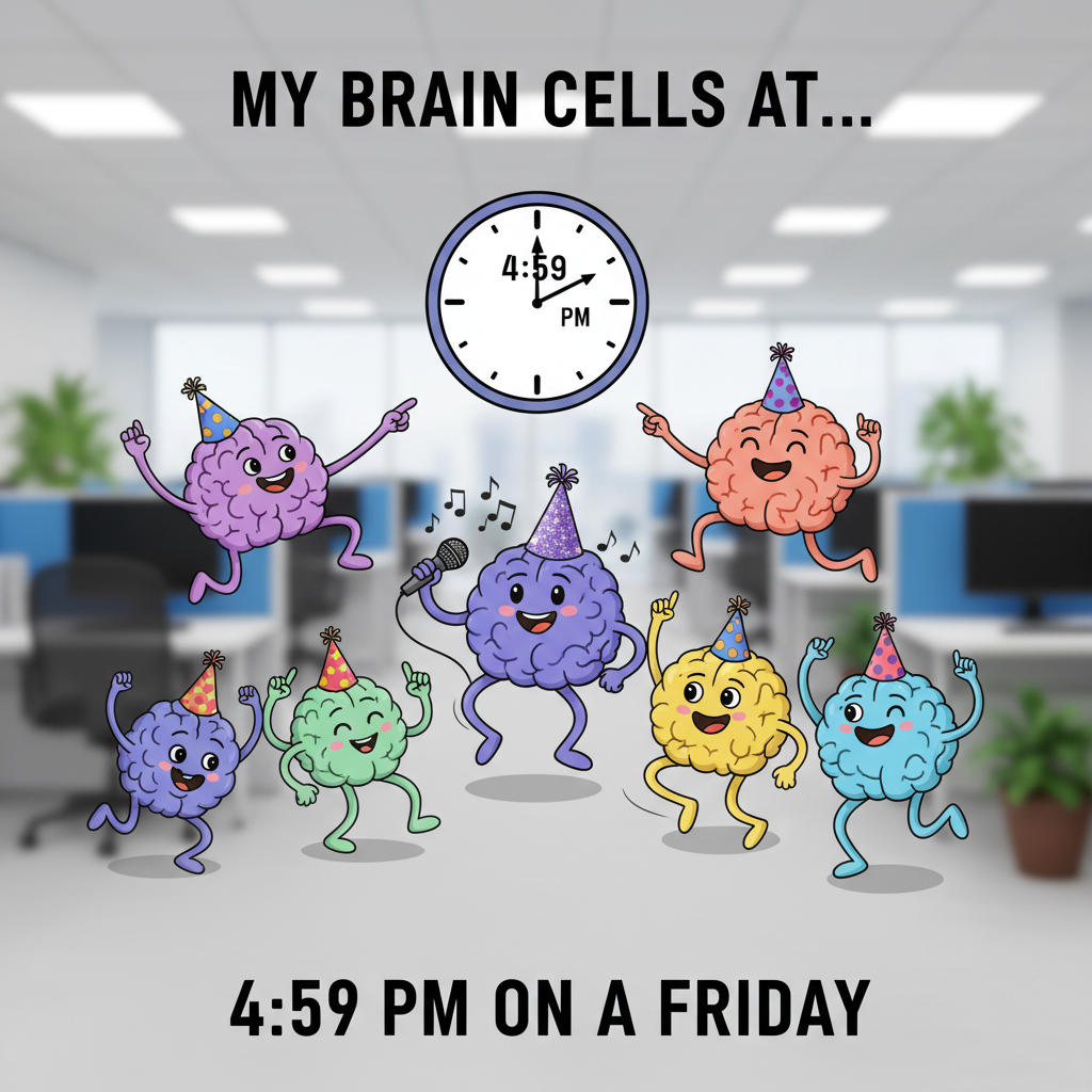 My brain cells at 4:59 PM on a Friday, doing the final countdown like it's a pop song outro