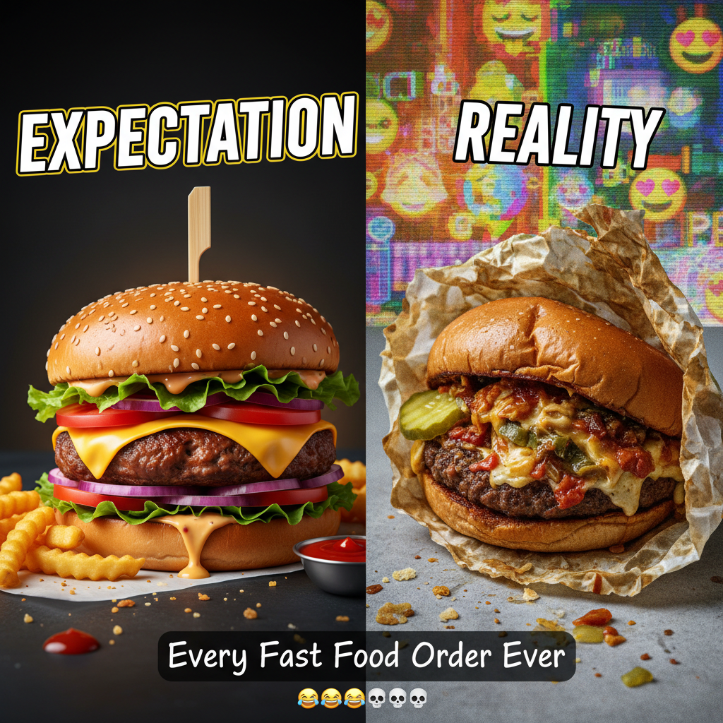 Food delivery app photo vs. what actually arrived. I ordered a burger, not a crime scene.