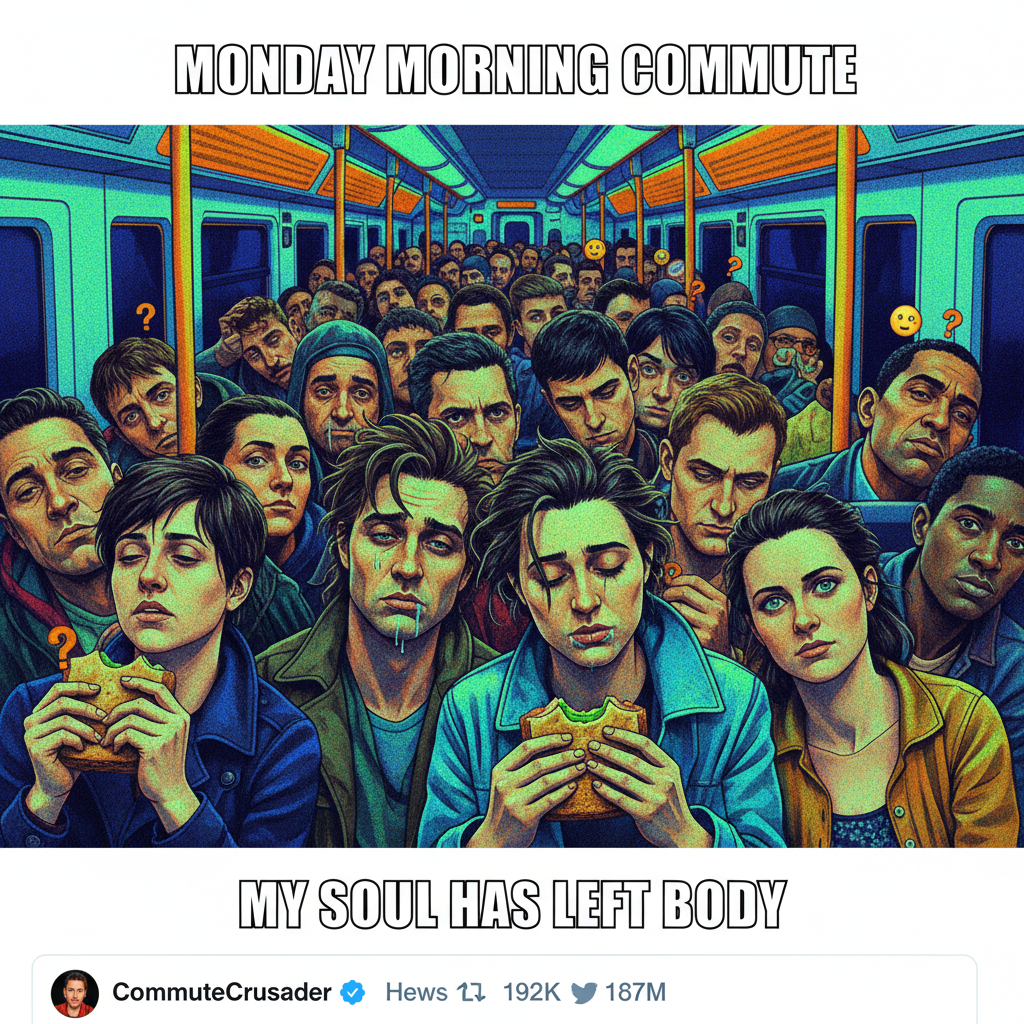 Public transport at 8 AM: where personal space goes to die and everyone's an extra in a zombie movie.