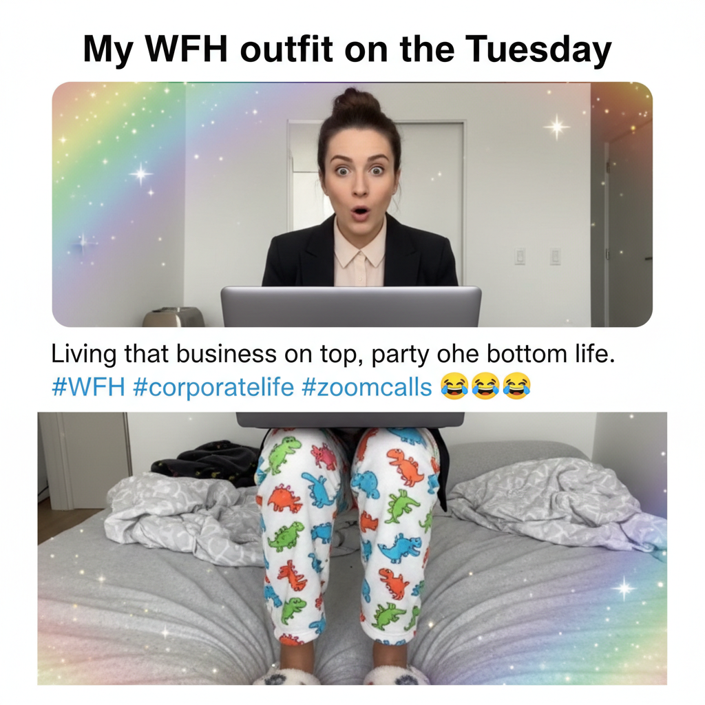 My 'work from home' outfit is 50% professional, 50% pajamas. It's called balance.