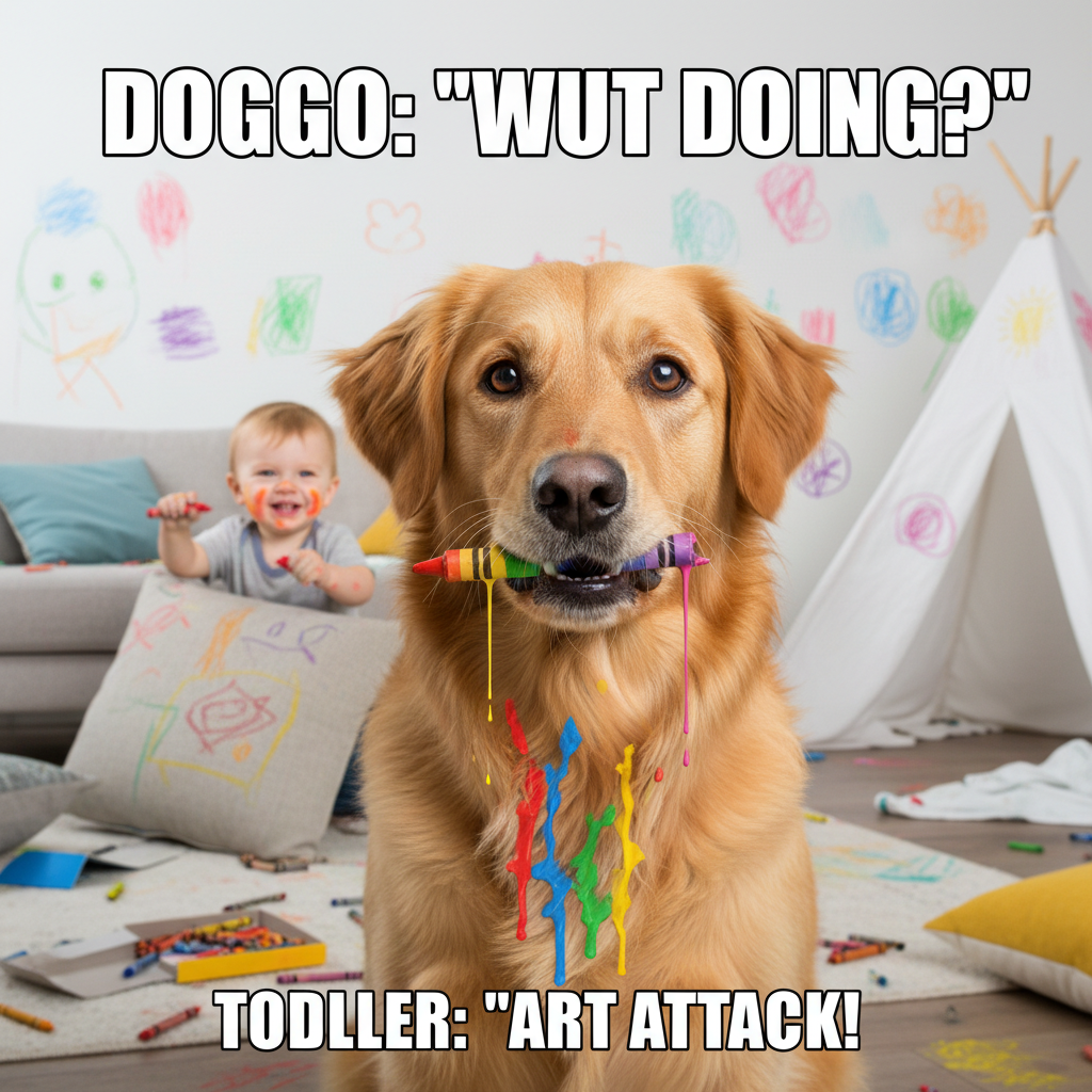 Just found my toddler trying to feed the dog a crayon. This is fine. Everything is fine. 🫠