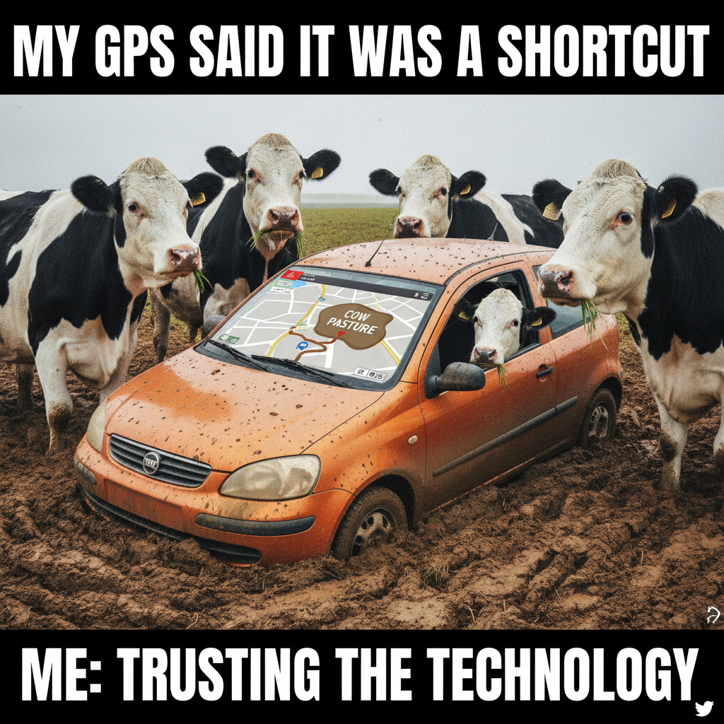 GPS said 'turn left in 500 feet.' We're currently in a cow pasture. Send snacks. #RoadTripFail