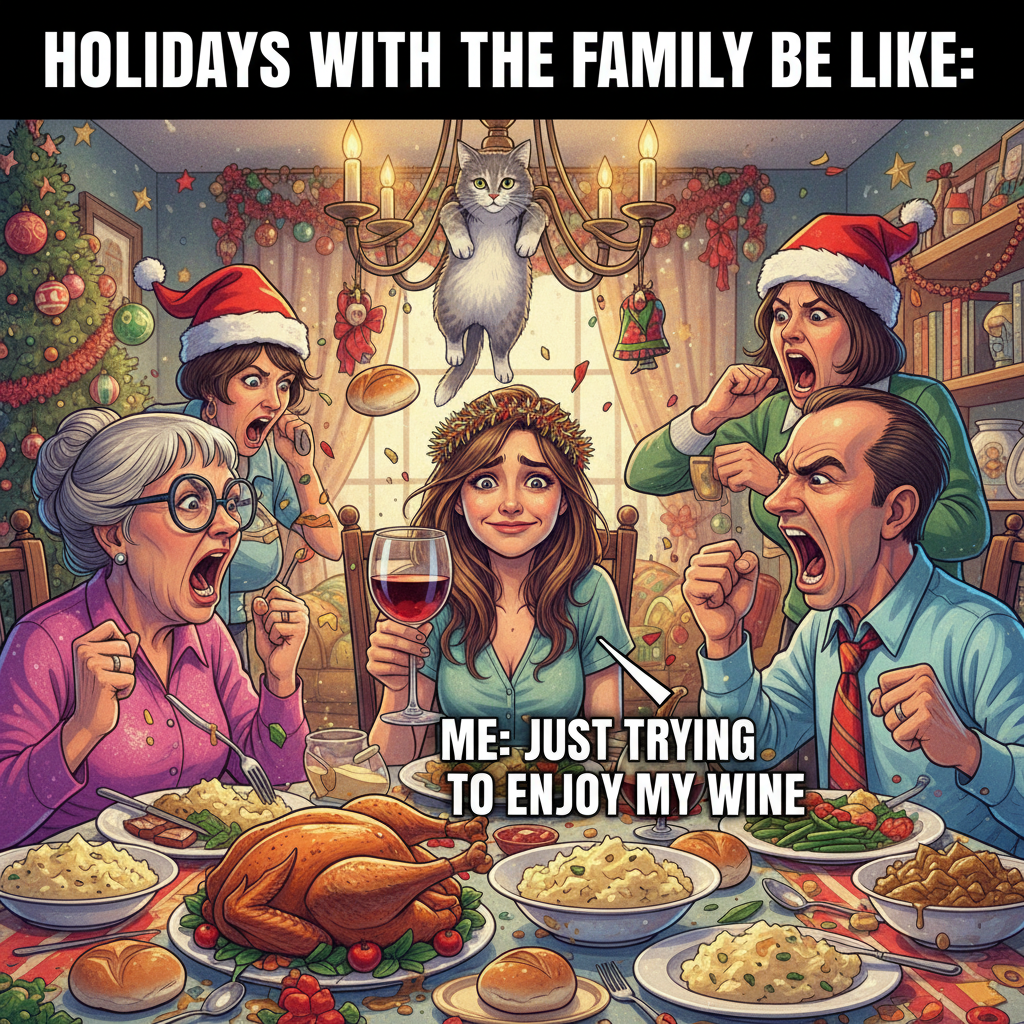 My family dinner is a competitive sport. Send wine and earplugs. #HolidayChaos