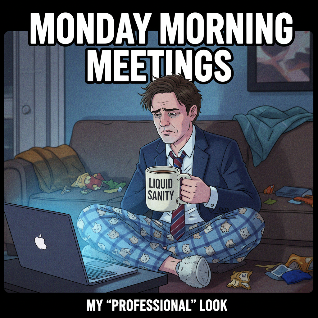 My work-from-home uniform is 50% pajamas, 50% existential dread. Productivity levels: negotiable.